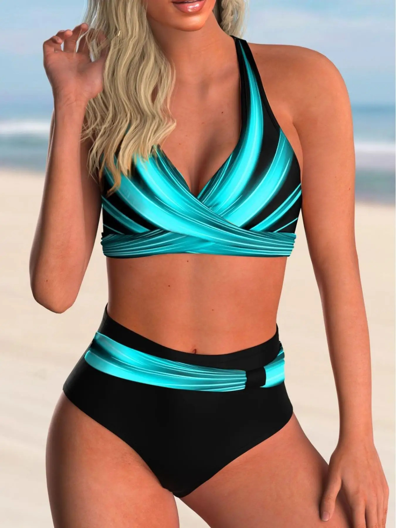 ملابس سباحة بيكيني مثيرة مخططة عالية الخصر #1