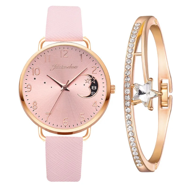 Women's Watch 1/2 Pcs Set Pu Strap Moon Pattern Calendar Fashion Trend Quartz Wristwatches Large Dial Multi-color Wristwatch