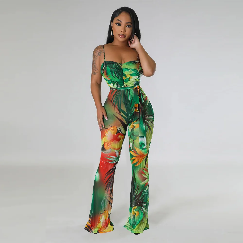 Women Printed Spaghetti Strap Backless Sleeveless Jumpsuit Sexy Summer Bell-bottoms Pants Jumpsuit Summer Beach Wear