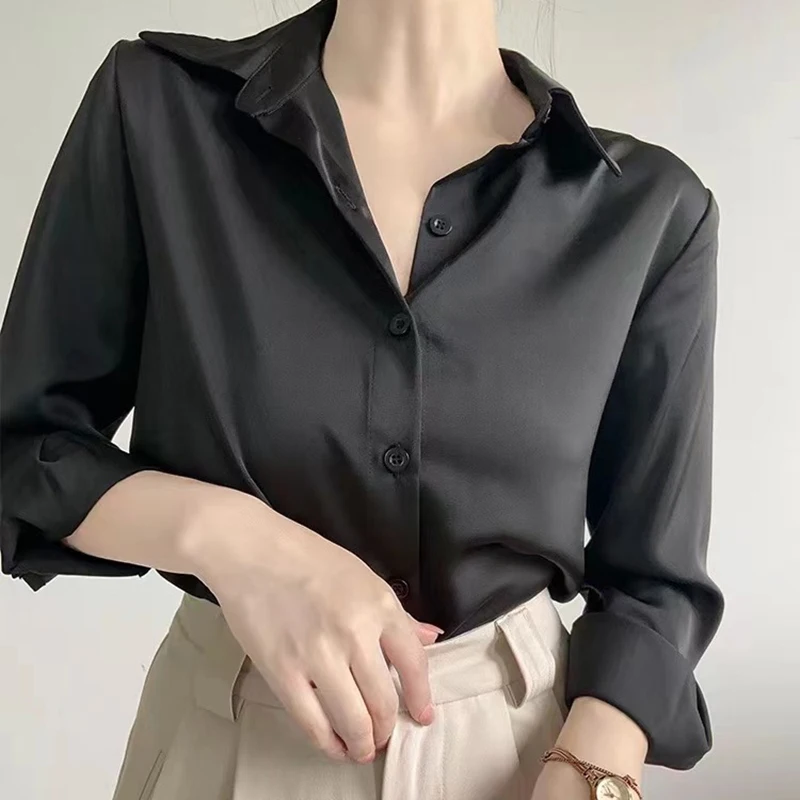 

Light Green Satin Silk Blouse Women 2024 Spring Casual Long Sleeve Turn-down Collar Shirt Office Lady Korean Loose Tops Workwear