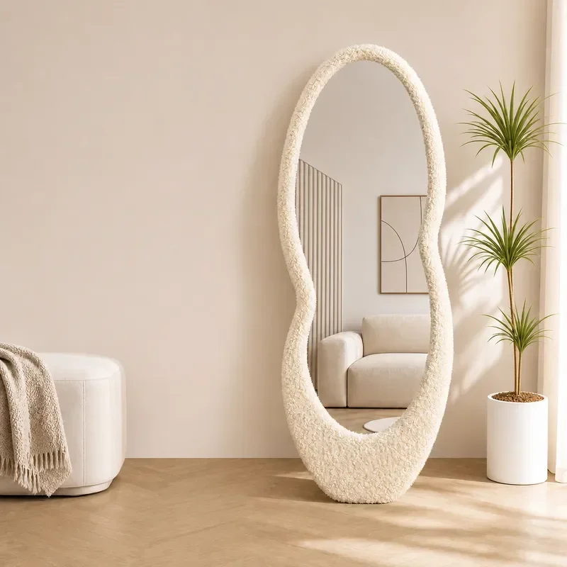 Cream Style Full Body Mirror Household Bedroom Vertical Light Luxury Floor Standing Mirror for Girls Student Dormitory