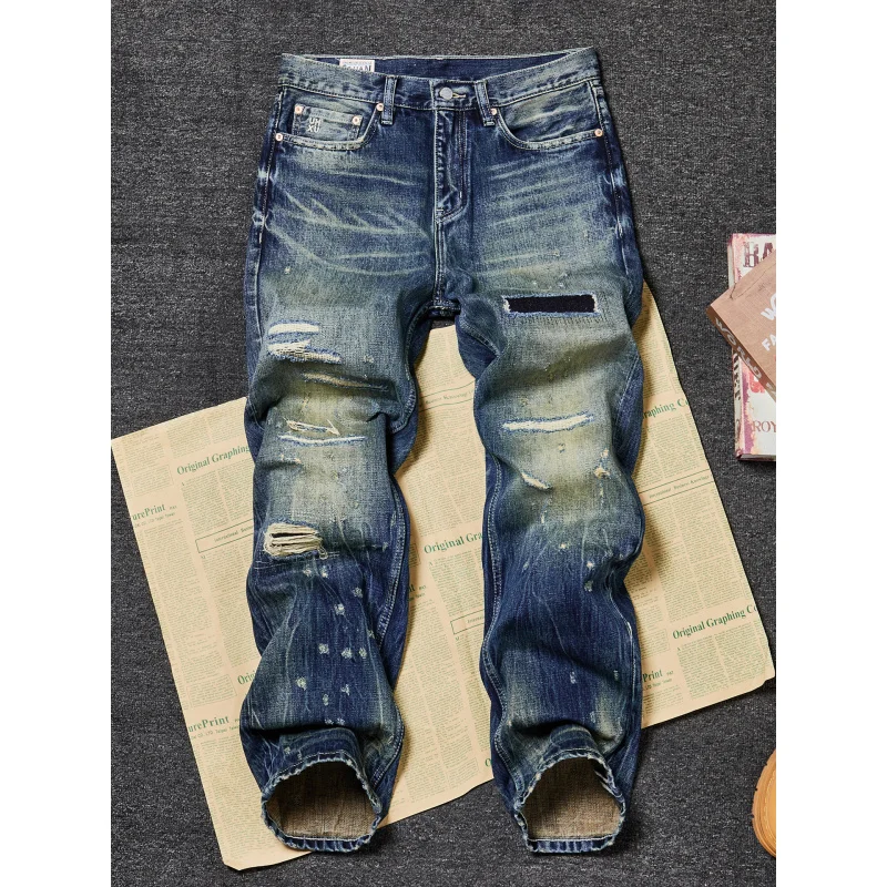 

Мужские американские винтажные джинсы в стиле High Street, с эффектом потертости, с рваными элементами и нашивками, свободные прямые повседневные джинсовые брюки