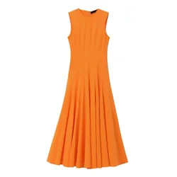 Tangada 2024 Women Orange Patchwork Tank Dress Sleeveless Female Midi Dresses 3H580