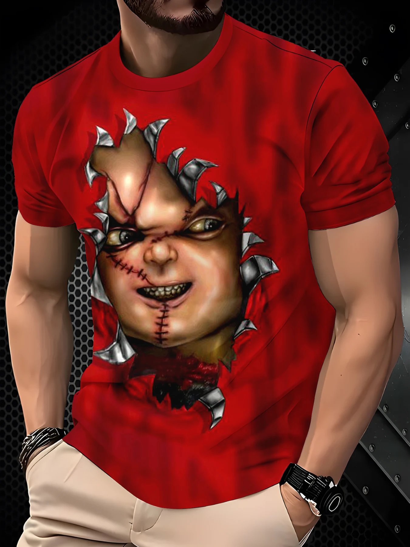 Torn Fabric Horror Doll Face Print Men Casual Short Sleeve Tee