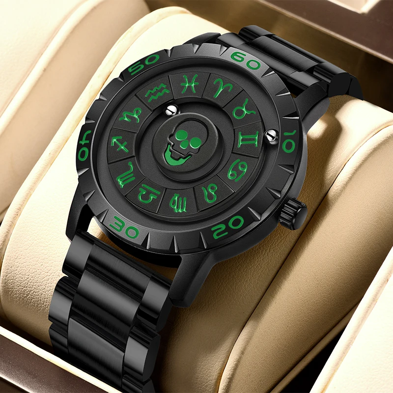 

FOXBOX New Skull Scrolling Pointer Magnetic Force Quartz Men Watch Outdoor Sports Waterproof Watches For Men Relogio Masculino