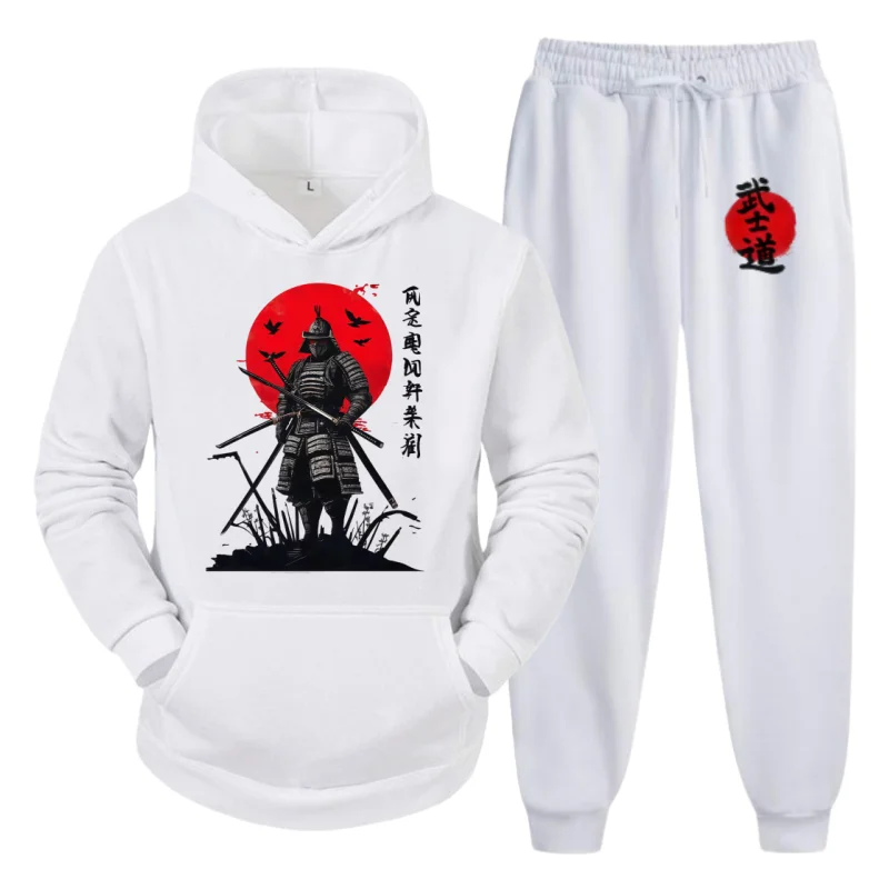 

Fall/Winter Urban Streetwear Set – Men's Hoodie & Sweatpants with Bushido Samurai Print, Casual 2-Piece Street Suit