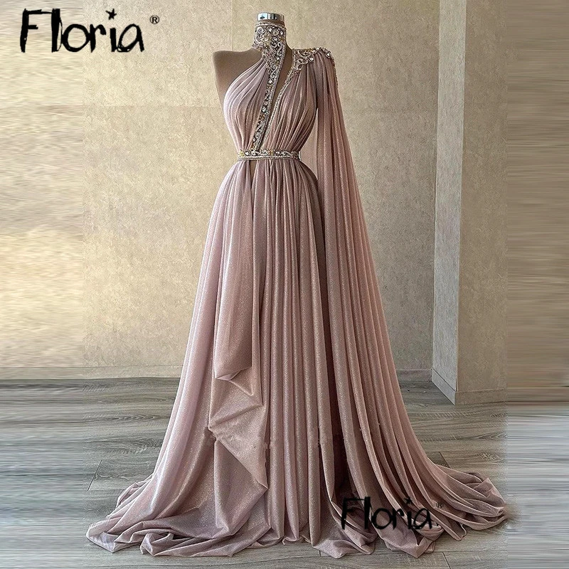 

Shiny One Shoulder Prom Gowns Aso Ebi Women Pleated Plus Size Evening Dresses Custom Made Vestido Festa Luxo A Line Beading