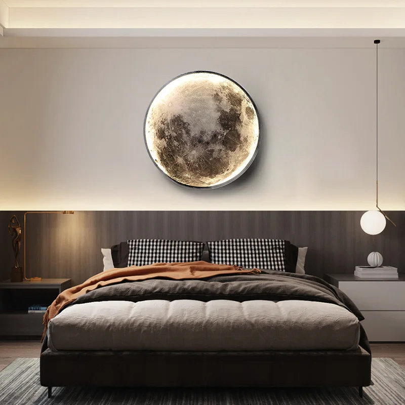 Gray Moon Circular Porch Led Decoration Painting Luminous Light Painting Light Luxury Style Bedside Painting Corridor End Mural