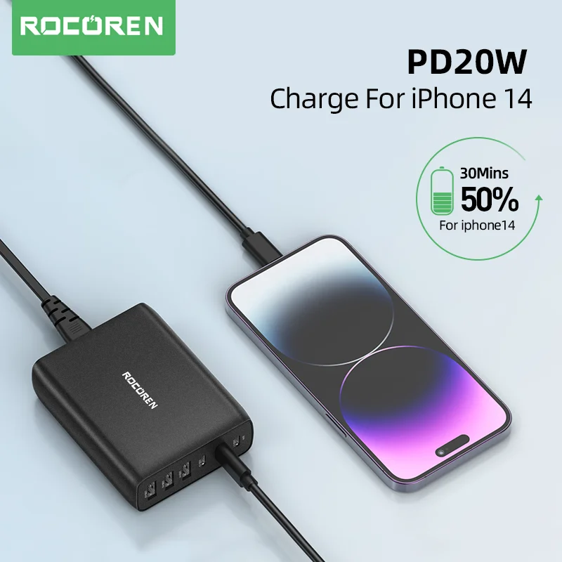 Rocoren 100W USB Charger Type C PD Fast Charging Multiple 6 Ports Desktop Charger Station For iPhone 14 Pro Xiaomi Samsung POCO