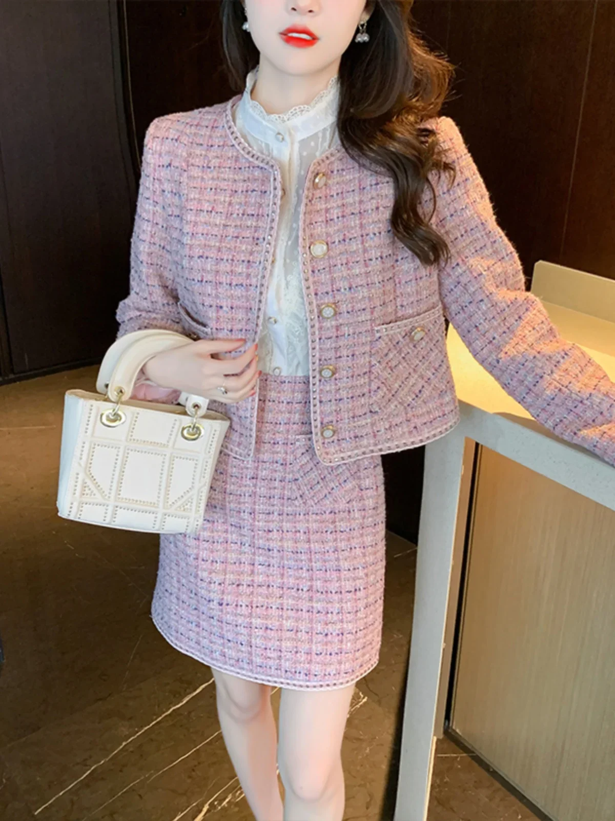 

UNXX High-End Two-Piece Tweed Skirt Suit: 2024 New Autumn Winter Trendy Women's Outfit Female Office Lady Clothing High Quality