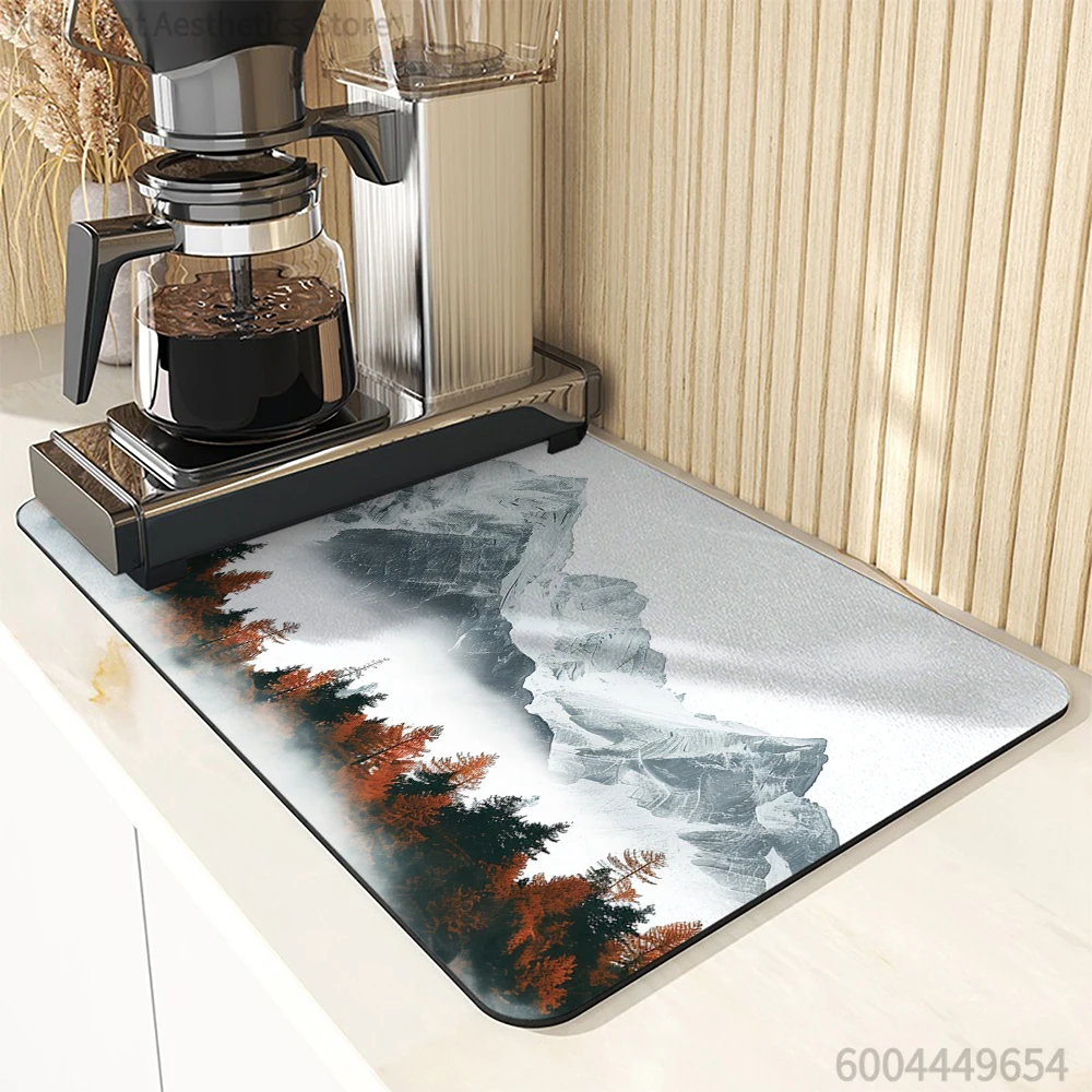 Drying Mat Autumn Mountains Snow Mountains Non-Slip Absorbent Mat Tableware Kitchen Counter Drain Mats Placemats for Table