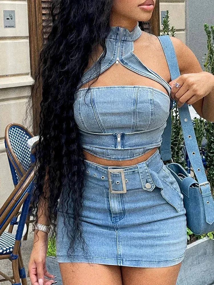 

Sexy Denim Two Piece Set Women Y2K Clothes Zipper Halter Hollow Out Backless Crop Top and Mini Skirt Club Party Matching Sets