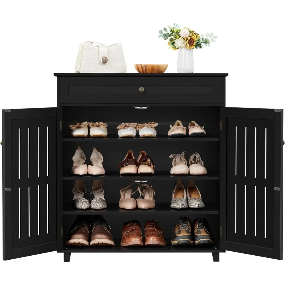 Shoe Cabinet 4-Tier with Drawer & Adjustable Shelves for Entryway,, Louvered Doors, Wooden Shoe Rack Organizer