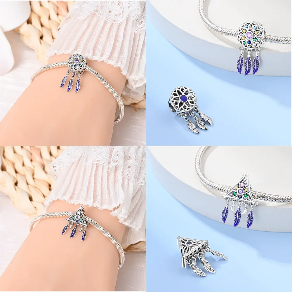 Charms 925 Silver Glow Triangle Round Moon Colored Zircon Dream Catcher Series Beads Pendant Fit Bracelet DIY Birthday Jewelry