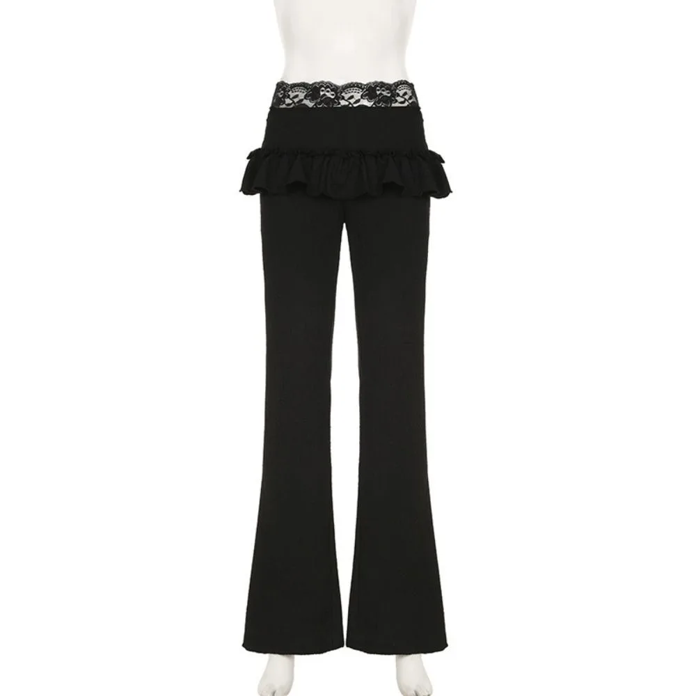 

Soft Chic Lace Wide Leg Pants Black Sweet Casual Pants for Women Butt Curtain Slim Fit Low Waist Long Pants Party