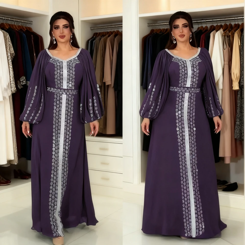 Muslim Women Party Dresses Chiffon Sequins Jalabiya Ramadan Eid Morocco Islam Sashes Vestidos Arab Long Robe Dubai Kaftan Abaya