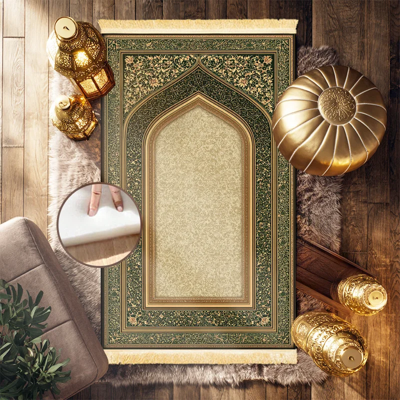 Tapis de prière VIKAMA de luxe à bords verts et face dorée, compact et portable, tapis de prière islamique pour la prière