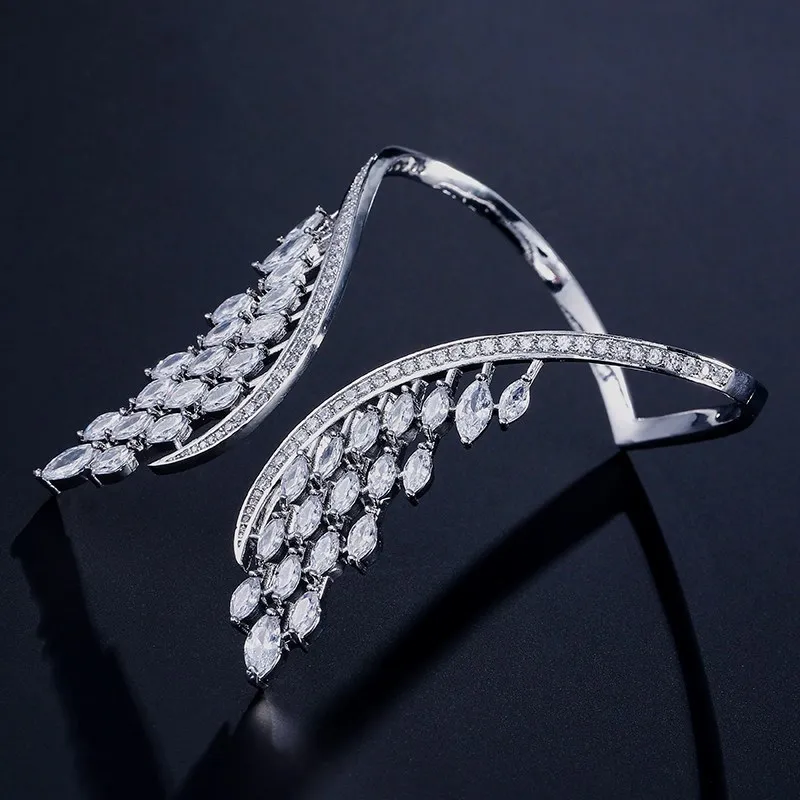 

Trendy Silver Plated Leaf Zircon Ring for Women Adjustable Open Statement Crystal Jewelry for Party Wedding Gift