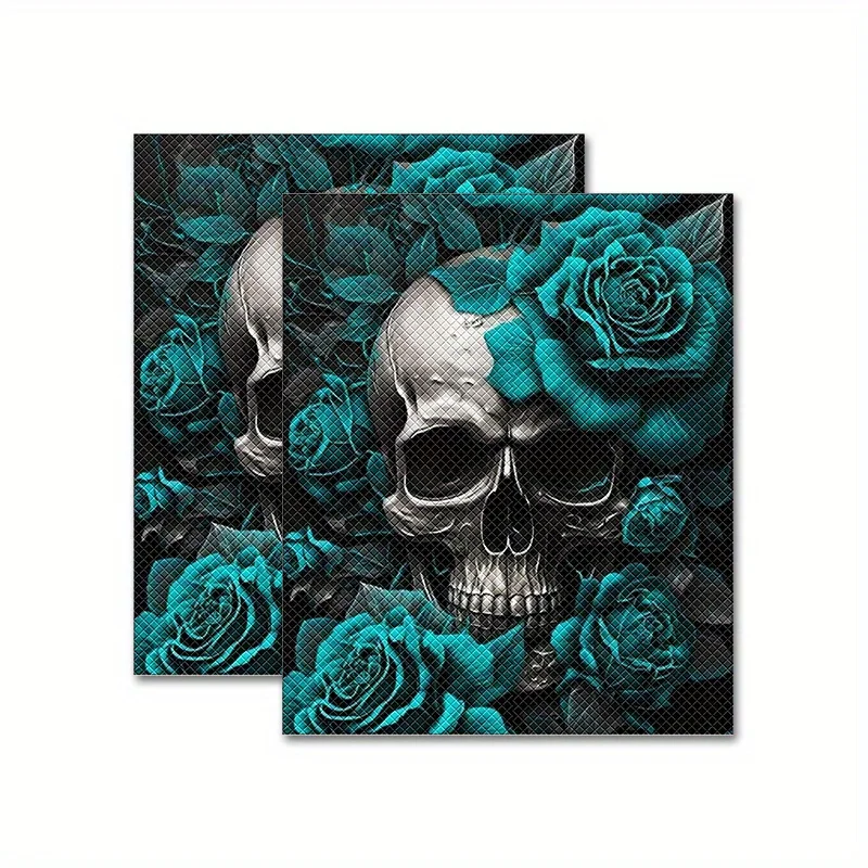 2Pcs 2D Flat Gothic Skull Flower Handlebar Vinyl Sticker, Waterproof Decal for Motorcycle Bike Scooter Decor, Holiday Gift