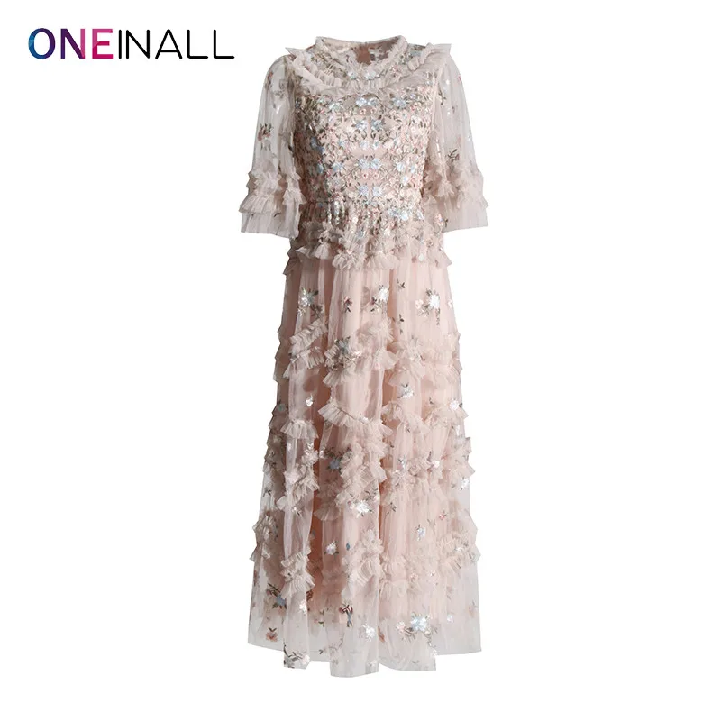 

ONEINALL Solid Patchwork Sequins Long Dress For Women Round Neck Flare Sleeve High Waist Folds Vintage Dresses Female Summer New