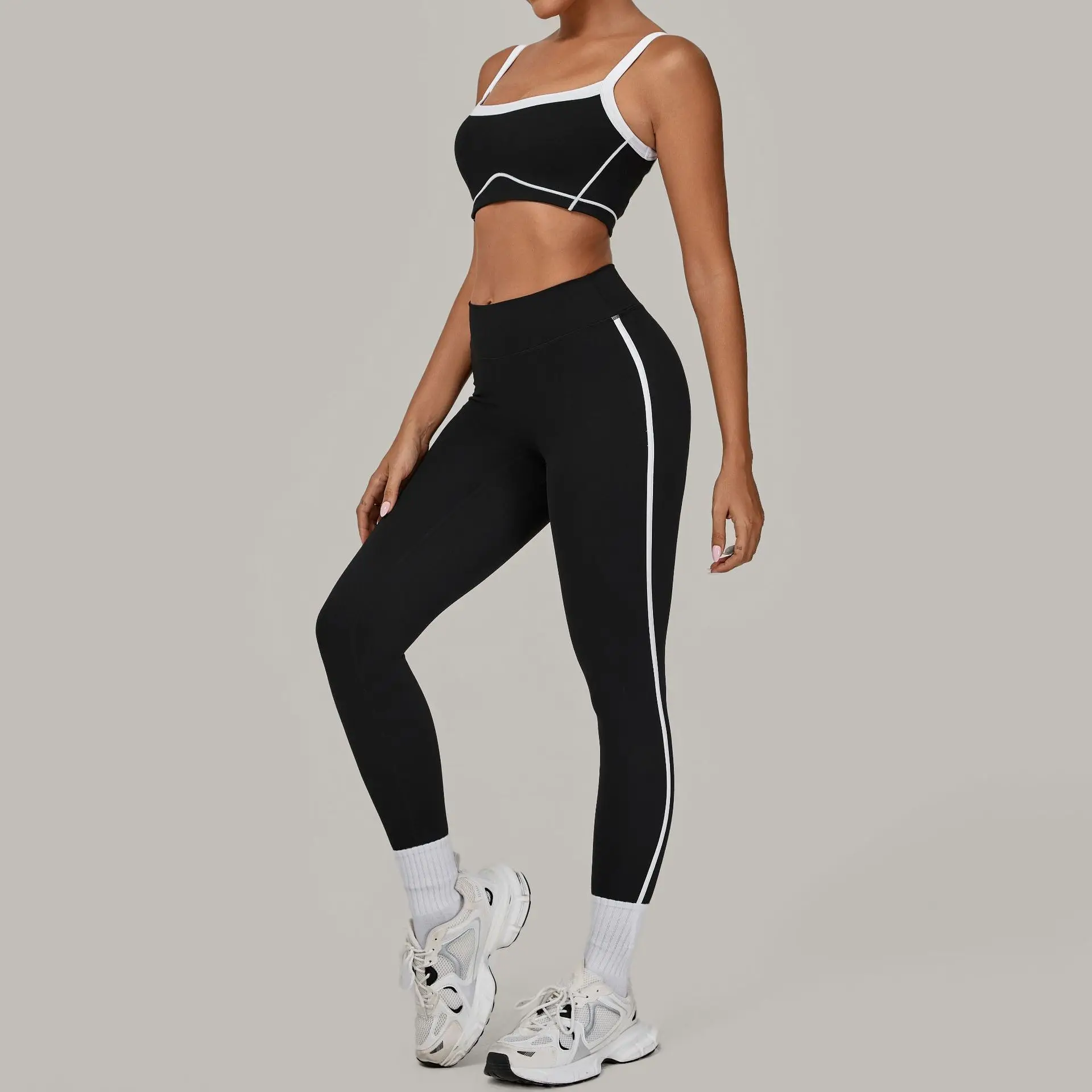 Yoga Suit Sports Fitness High Waist Tight Thin Contrasting Color Splicing Outdoor Running Breathable Pant Sports Bra 2-piece Set