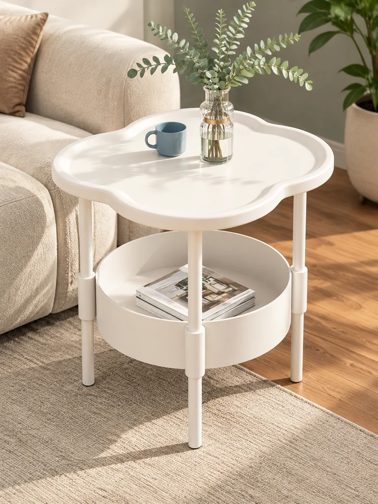 Modern Minimalist Clover Round Nightstand Small Side Bedside Table Metal Frame Bed Head End Table