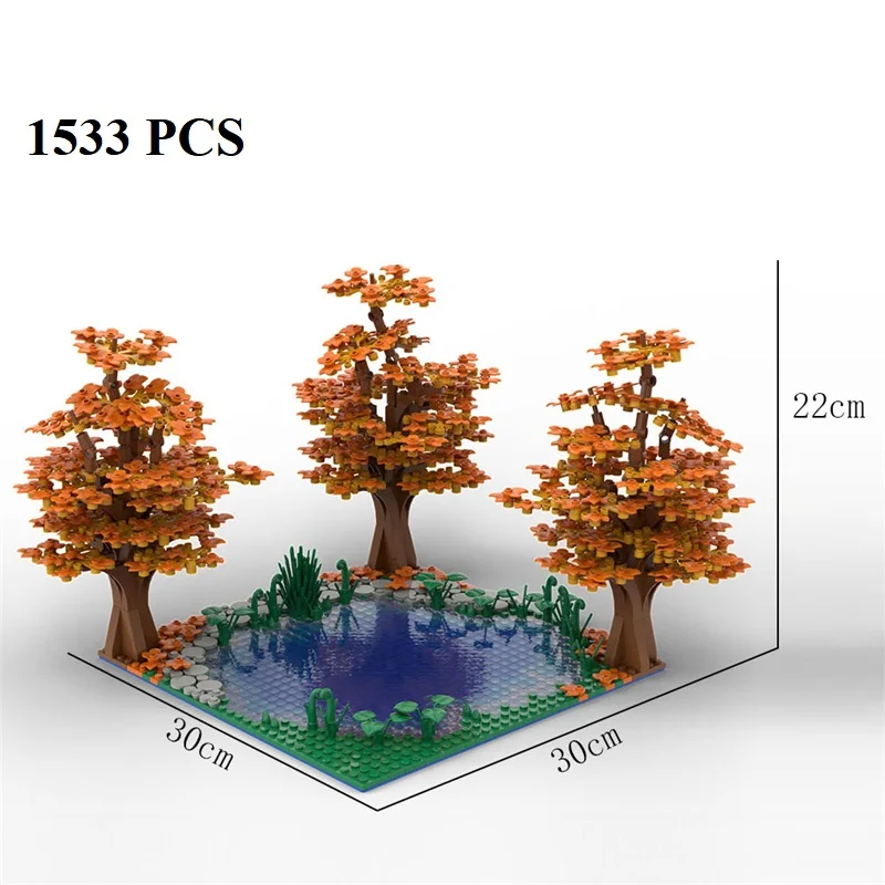 MOC kreatywne jezioro drzewo jesień widok scena klocki montaż klon cegły zabawki dla dzieci prezenty dekoracja domu
