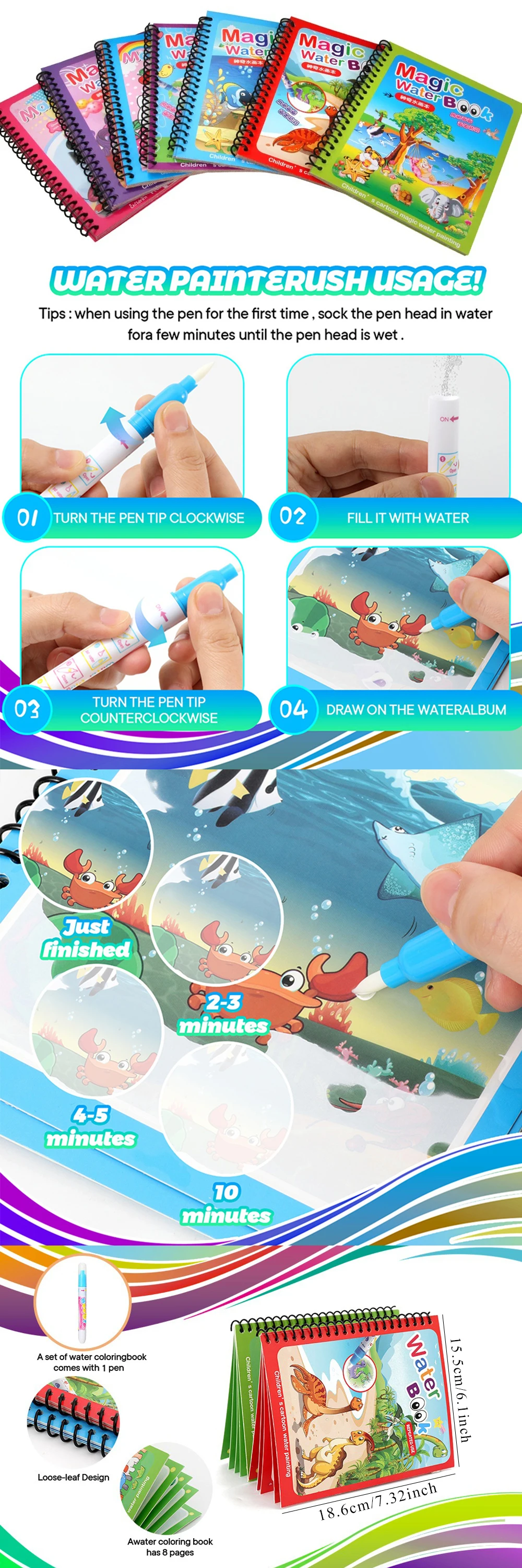 1 Set magisches Wasser-Zeichenbuch, buntes Montessori, wiederverwendbares Malbuch mit Wasserpinsel, Geburtstag, Festival, Graffiti-Geschenk ZYF – Detail 1