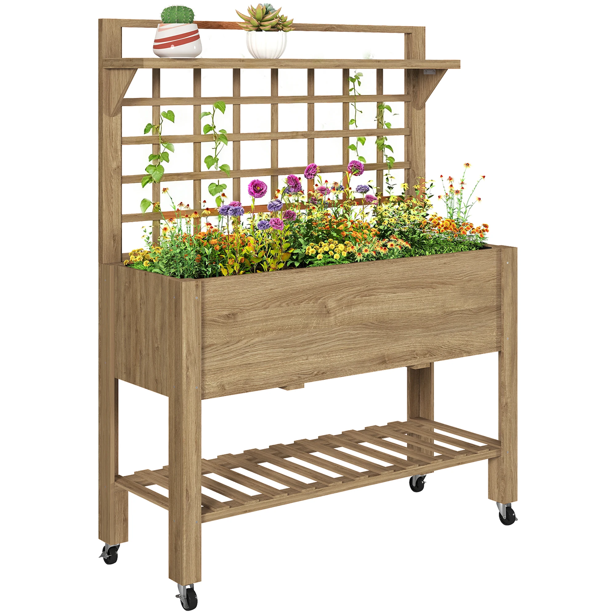 Outdoor Wooden Elevated Growing Plant Bed w/ Shelves for Tool Storage & Wheels