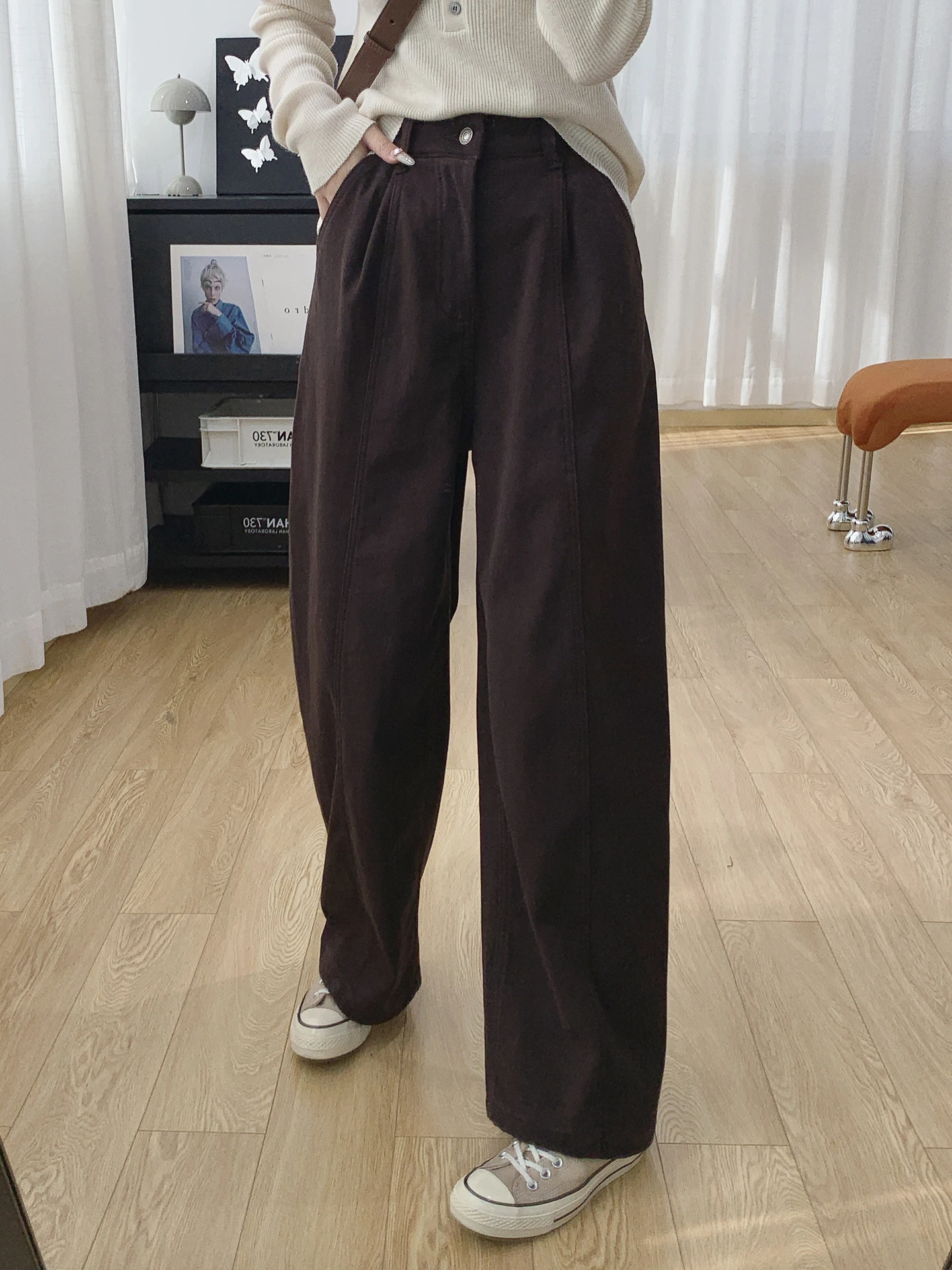 

Широкие джинсы с высокой талией на подкладке, женские осенне-зимние свободные удобные хлопковые эластичные теплые брюки из мягкой ткани