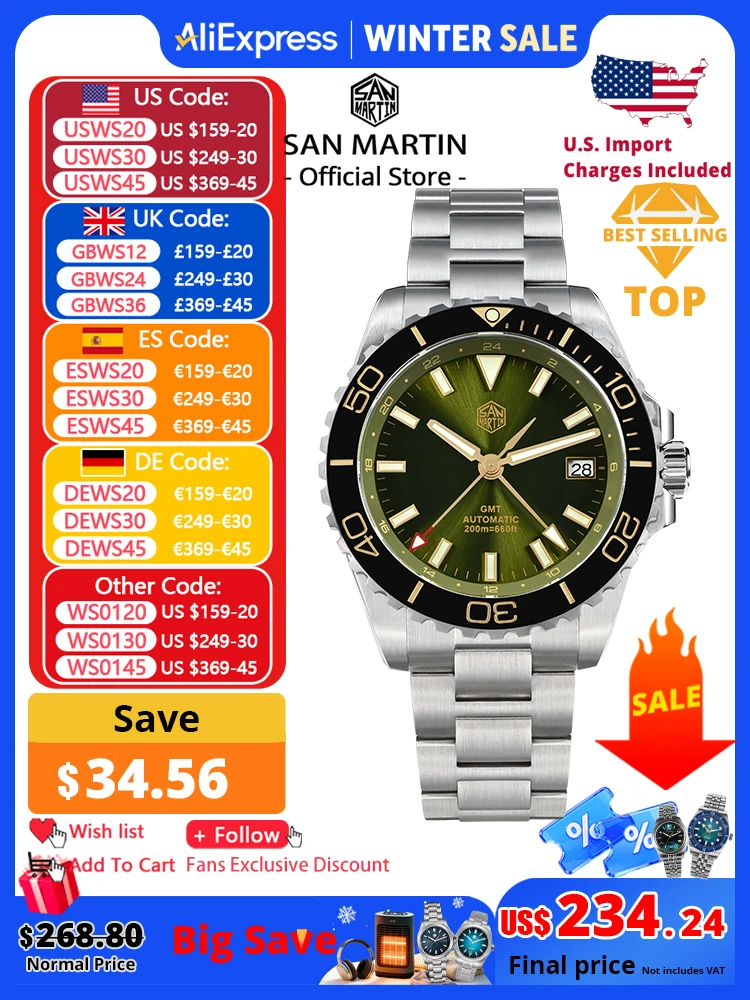

San Martin 39mm Diver GMT Watch Enamel Dial NH34 Stainless Steel Luxury Men Watch Automatic Mechanical Sapphire Luminous SN0136