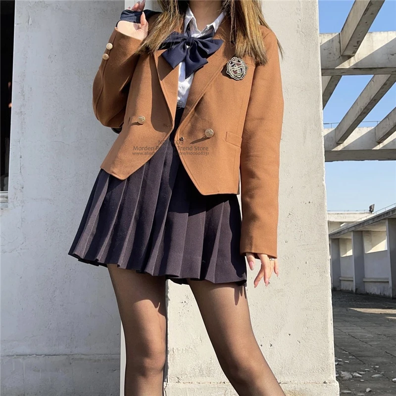 Long Sleeve JK School Uniform Suit Caramel Brown Coat Spring Summer High Waist Plaid Pleated Skirts Women Students Girls Clothes