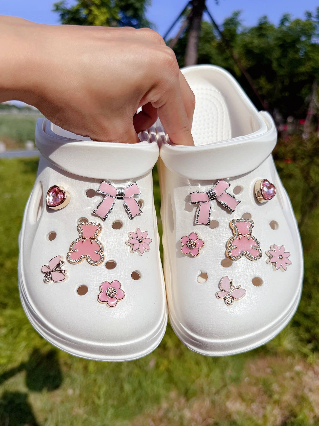 

12 шт. розовая бабочка, медведь, цветок, бант, пряжка для обуви из АБС-пластика с бриллиантами Love, украшение своими руками, женские сандалии, тапочки, пляжная ба