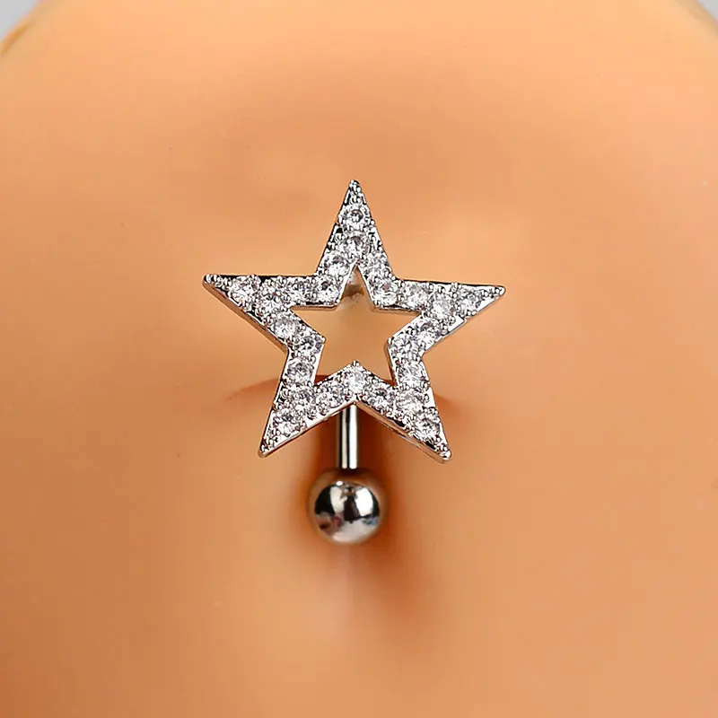 1PC Surgical Steel Reversed Bar 14G Belly Button Rings Star Navel Ring Crystal Belly Piercing Body Jewelry Earrings Belly Rings