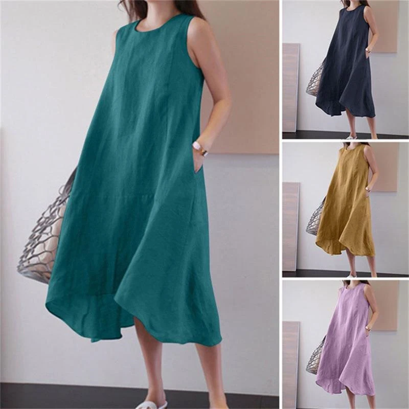 Damen kleid lässig Sommer Baumwolle Leinen Rundhals ausschnitt ärmelloses langes Tanktop extra großes Strand langes Kleid (mit Taschen)