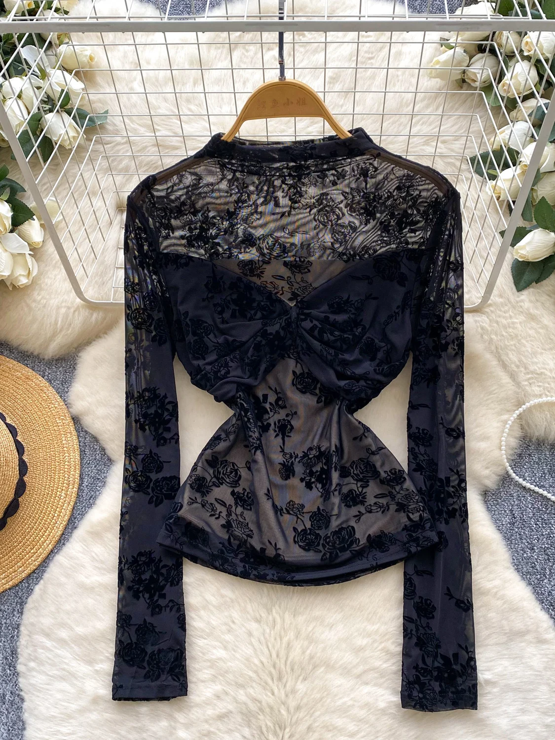 

Women's Black Gothic Emo Lace T-shirt Aesthetic Y2k Gyaru Mesh Tee Top 2000s Vintage Long Sleeve T-shirts Clothes Spring Autumn