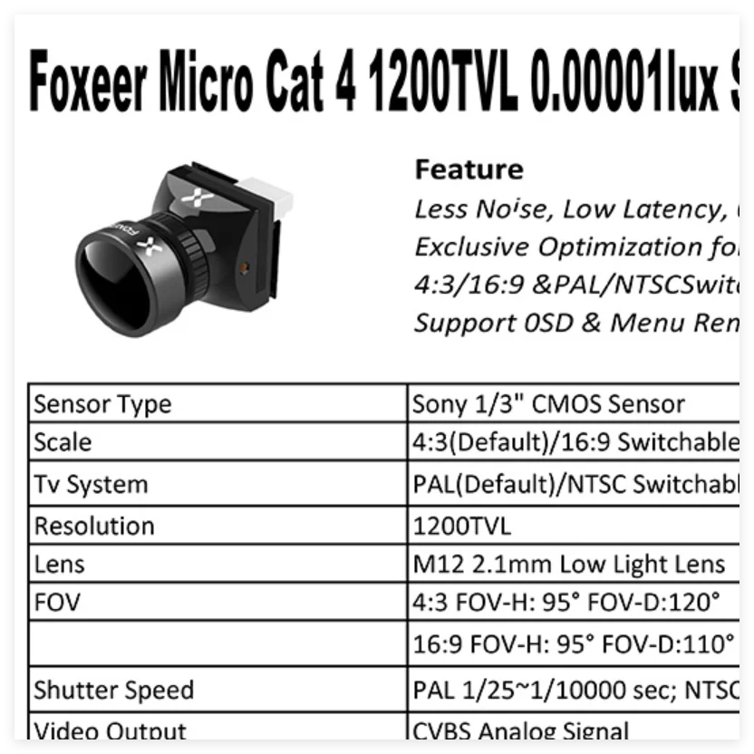 

FOXEER CAT 4 FPV камера Микро/мини-камера 1/3 CMOS 4:3/16:9 с WDR 1200TVL RC FPV Дрон
