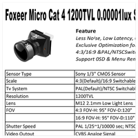FOXEER CAT 4 FPV Camera Micro/Mini Camera 1/3 CMOS 4:3/16:9 with WDR 1200TVL RC FPV Drone