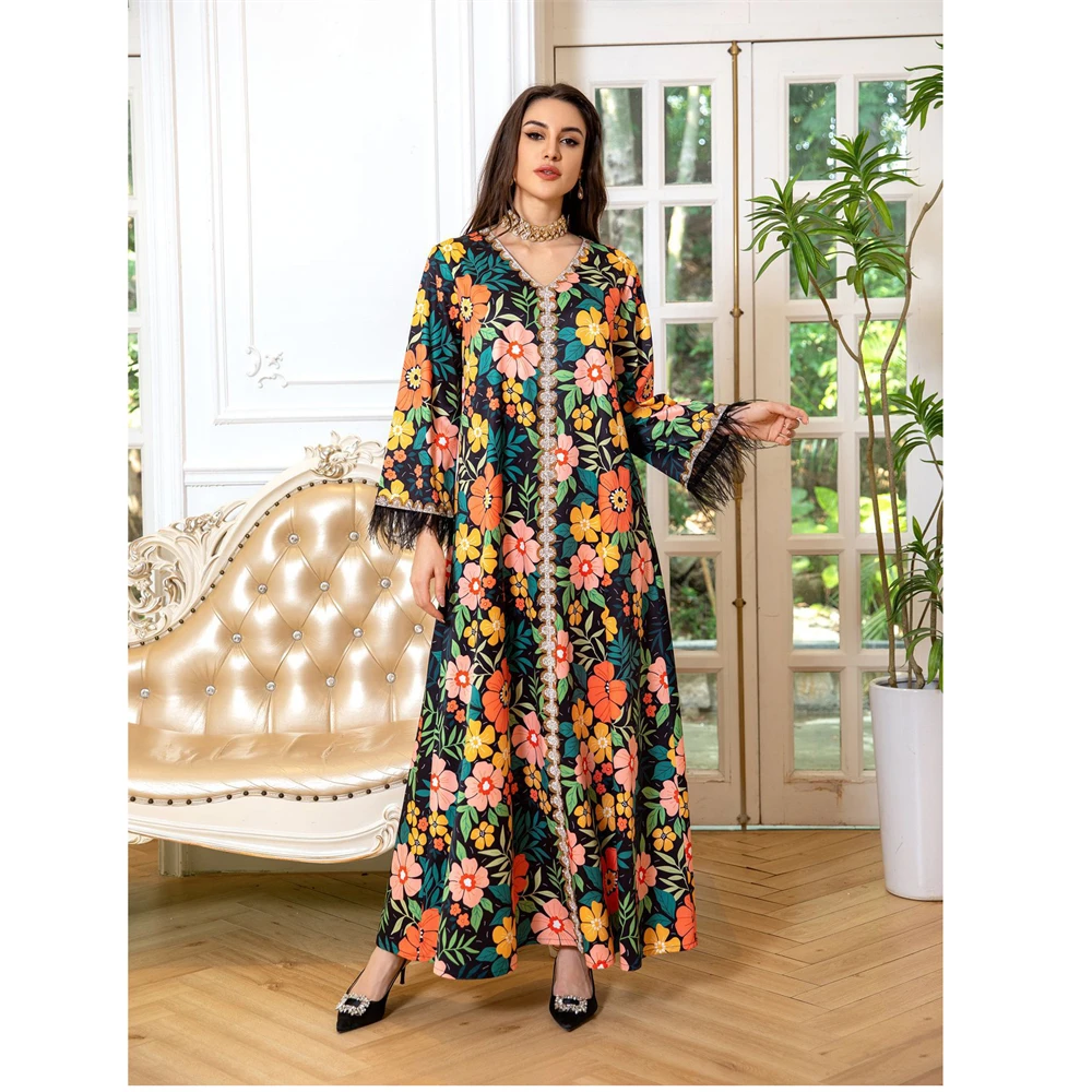 Wedding Party Dresses 2024 Eid Dubai Turkey Arab Moroccan Jalabiya Colorful Floral Print Rhinestones Feather Tape Gulf Abayas