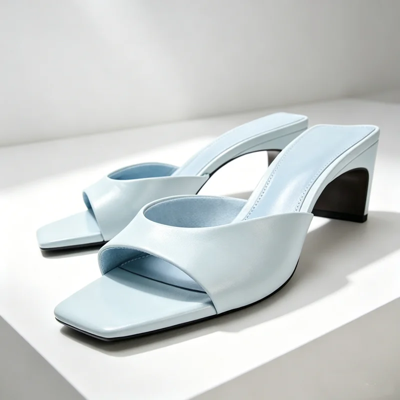 Light Blue Leather PU Front Strap Heeled Sandals Women Fashion Low Heel Mule Sandals for Women Summer Luxury Designer Slippers