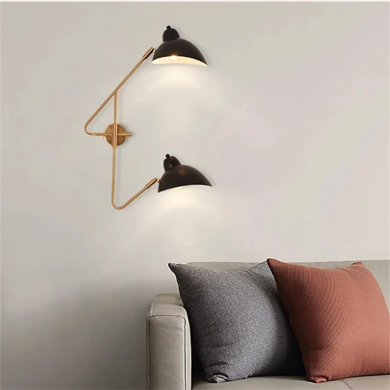 Minimalist Rotatable arm Copper Wall Lamp LED Black long pole duckbill Double Wall lamp Living Room Bedroom Bedside reading lamp