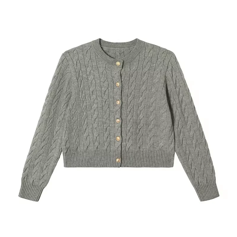 Gray Vintage Knitted Cardigan Autumn Crop Cable Solid Round Neck Button Cardigan Coats Autumn Korean Preppy Style Knitwear Tops