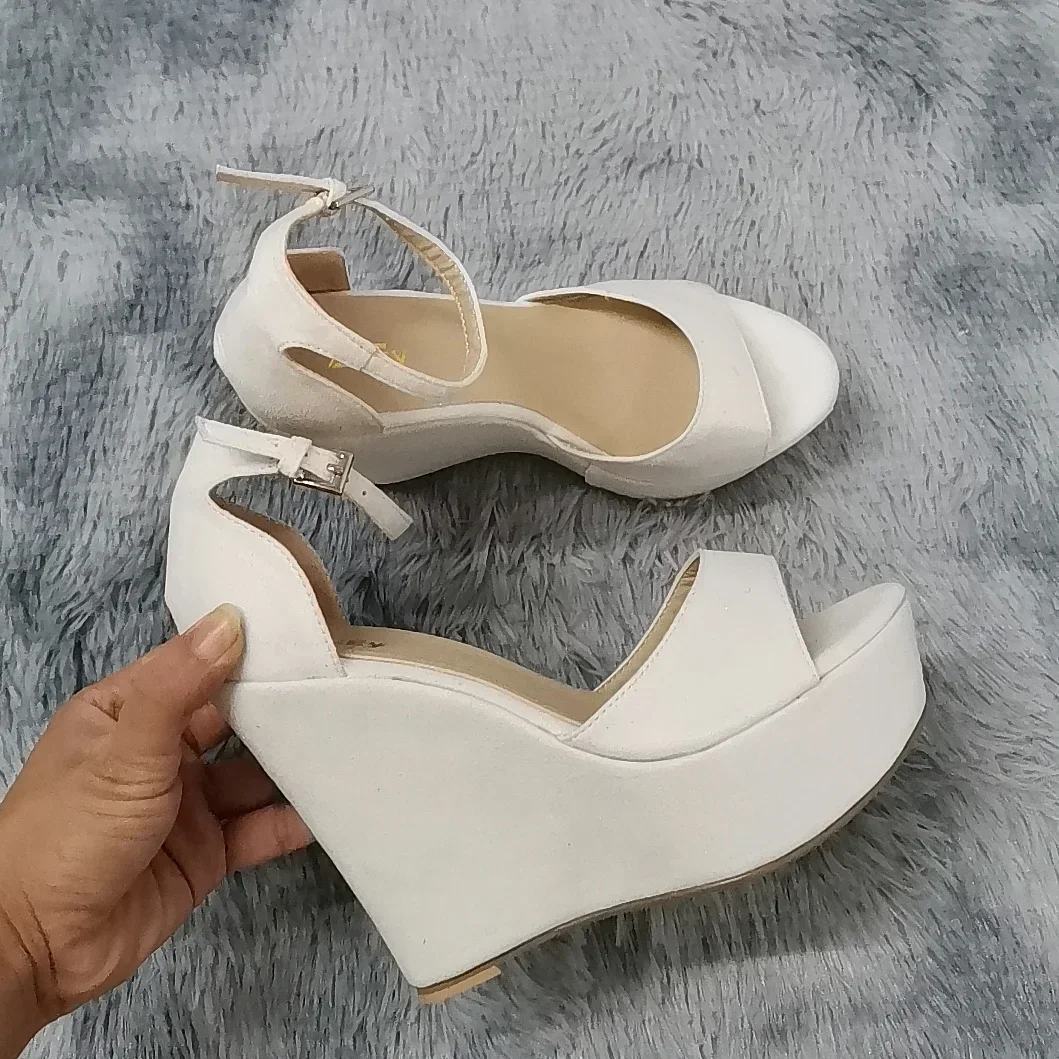 Women Sandals 14cm Sexy Peep Toe Ankle Strap Platform Wedge High Heels Sandal Party Red Wedding Dress Ladies Shoes Large Size view 4