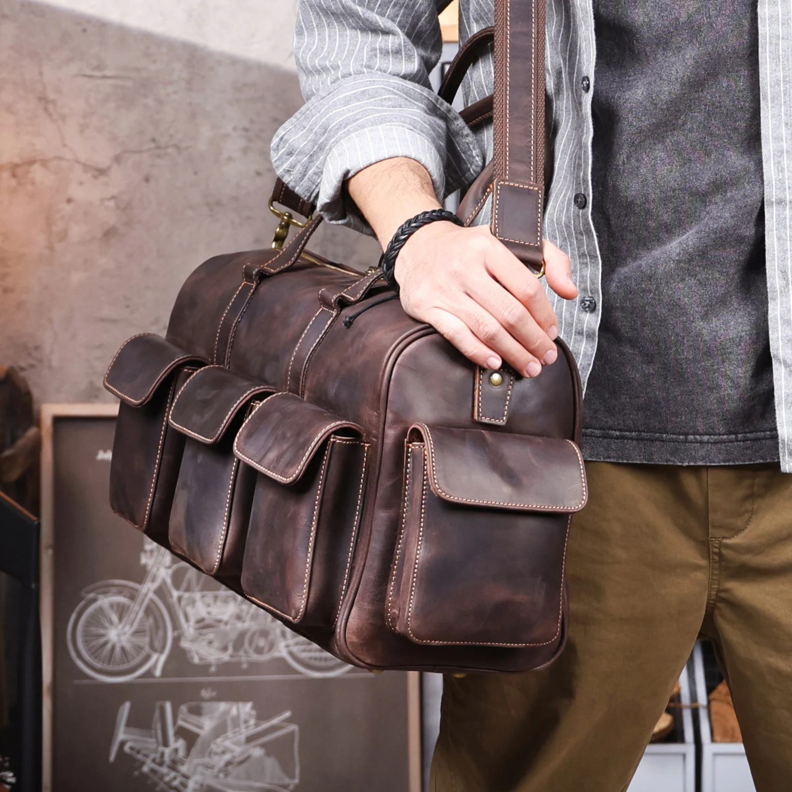 S.WORKER Große Kapazität Echtleder Vintage Rindsleder Reisetasche Weekender Herren Reisetasche Sporttasche Retro-Stil – Detail 7