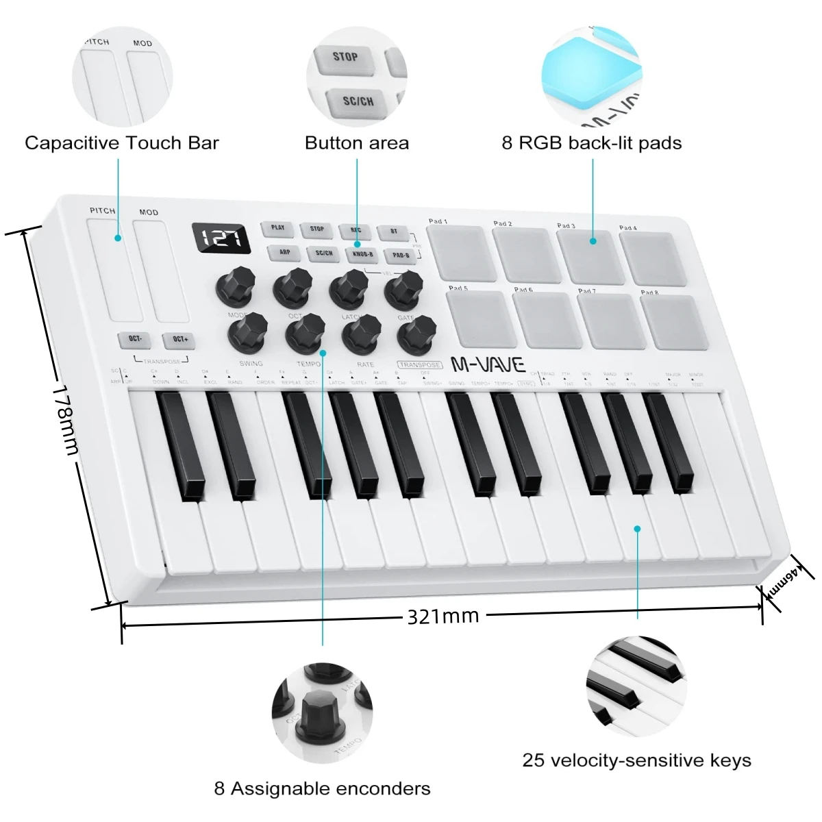 M-VAVE SMK-25 USB MIDI Keyboard Controller Mini 25-Key Wireless,With 8 Backlit Drum Pads and Music Production,Software Included