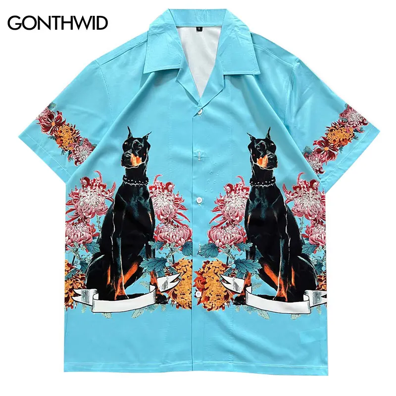 

Men Oversized Hawaiian Shirts Hip Hop Doberman Dog Flower Graphic Print Short Sleeve Blouse 2024 Men Summer Button Up Beach Tops