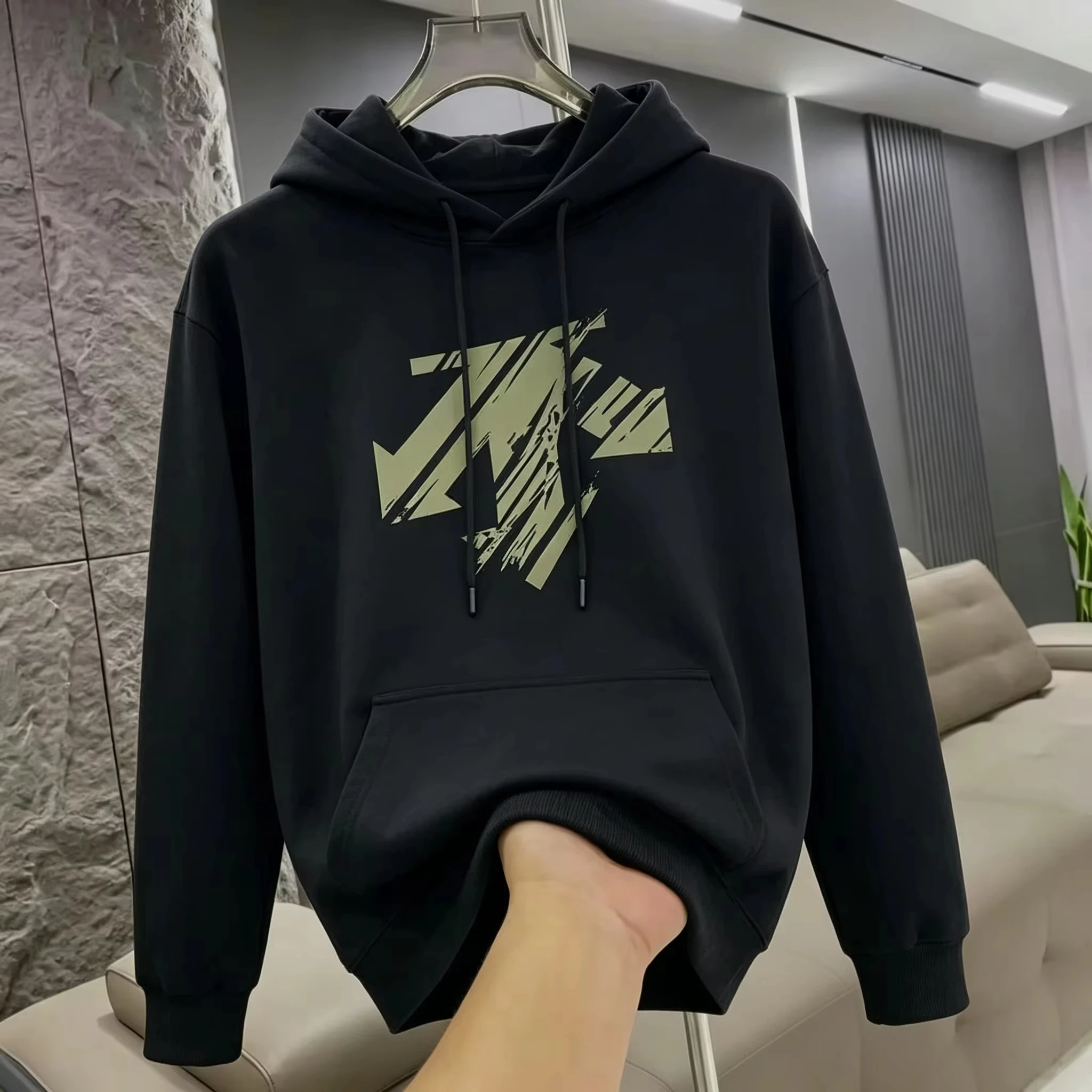 New trendy brand heavyweight hooded sweatshirt for men, long-sleeved casual shirt with fashionable and versatile prints