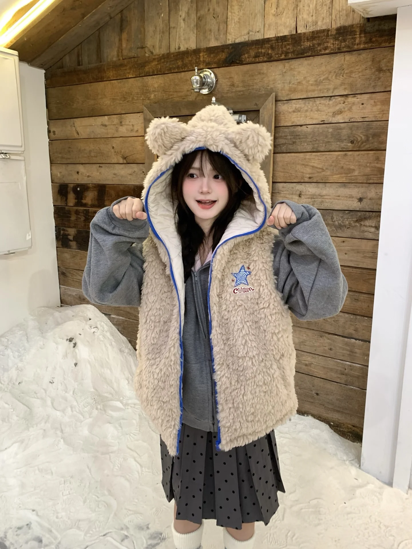 

Lamb Fur Bear Ear Hoodie Women's Cotton Jacket Winter Thickened Zipper Closure Sweet Style College Fashion Outerwear