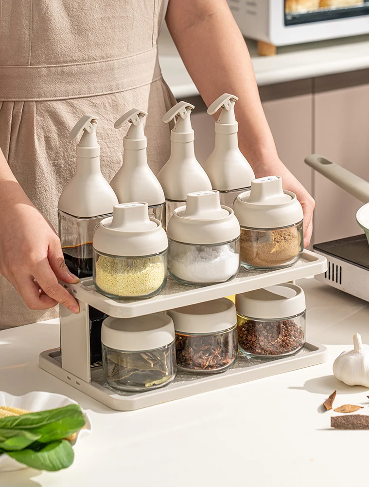 طقم تخزين للمطبخ من Onlycook، مجموعة أوعية زجاجية للتوابل وزجاجات للزيت، صندوق توابل محكم الإغلاق مع رف، وعاء ملح بتصميم مربع...
