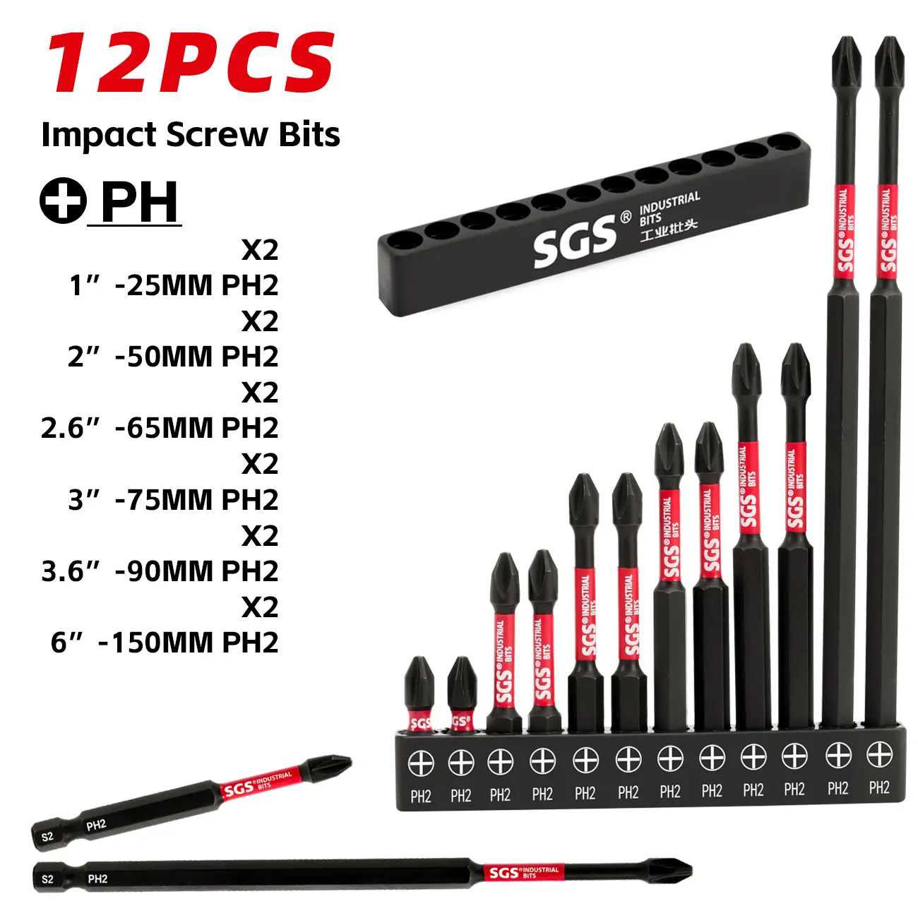 12Pcs S2 Steel Durable Strong Magnetic Cross Impact Screwdriver Bits, Available in Lengths of 25mm, 50mm, 65mm, 75mm, 90mm, 150mm, Suitable for Impact Drivers, Professional and DIY Use, with Black Base